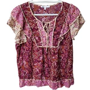 DR2 Pink, Maroon and Cream Floral Flutter Cap Sleeve Feminine Boho Top. …